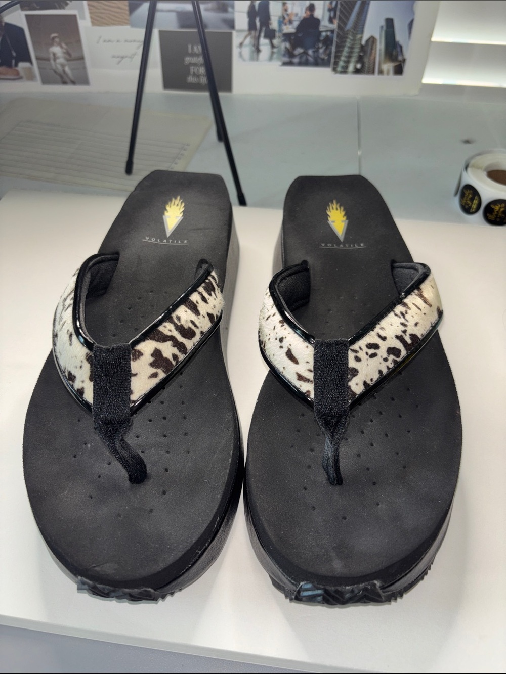Volatile Black Platform Sandals with Black-and-White Leopard Strap
